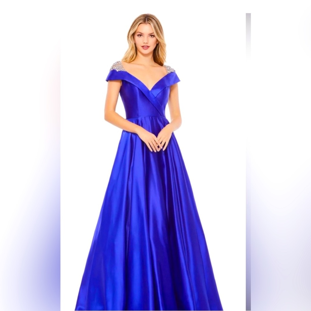 Mac Duggal Cobalt Royal Blue Embellished Cap Sleeve V Neck Aline Ballgown Size 2